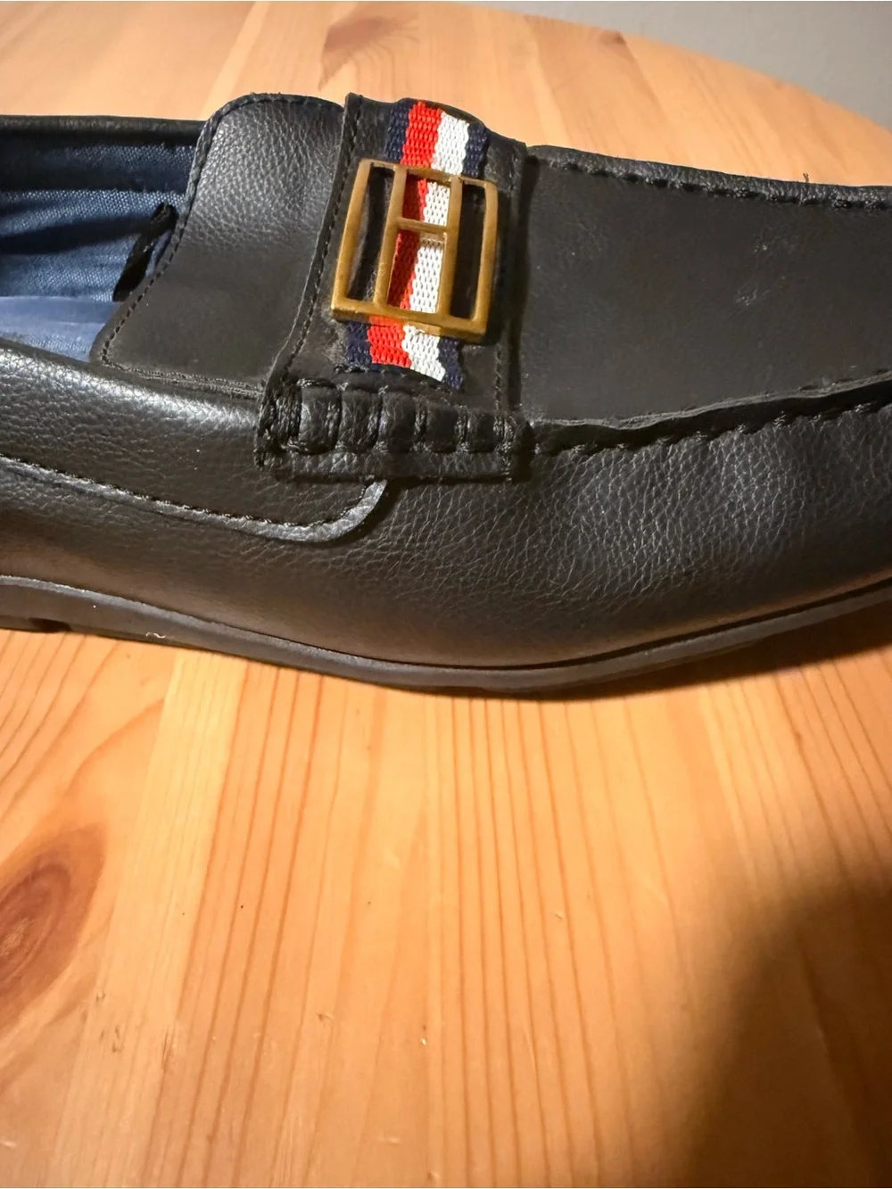 Tommy Hilfiger Black Faux Le Loafers with Red-White-Blue Ribbon and Gold Buckle
